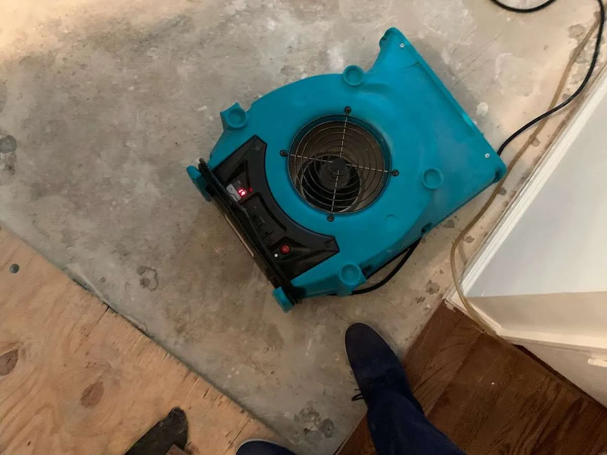 Air mover drying subfloor during Leak Detection & Repair in Gustine